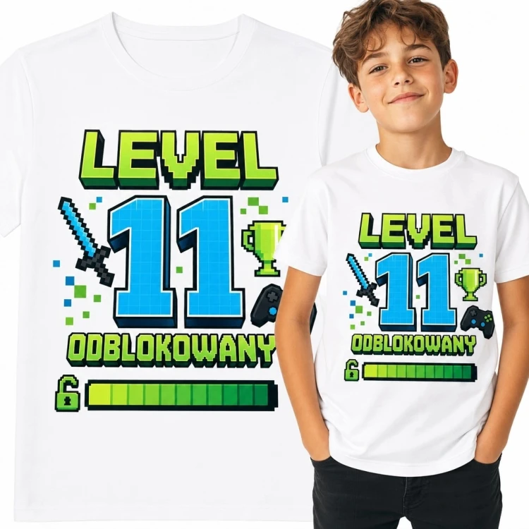 Koszulka chłopięca na 11 urodziny „Level 11 odblokowany” - pikselowy motyw gracza