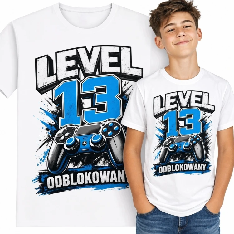 Koszulka chłopięca na 13 urodziny z kontrolerem „Level 13 odblokowany” - dla gracza