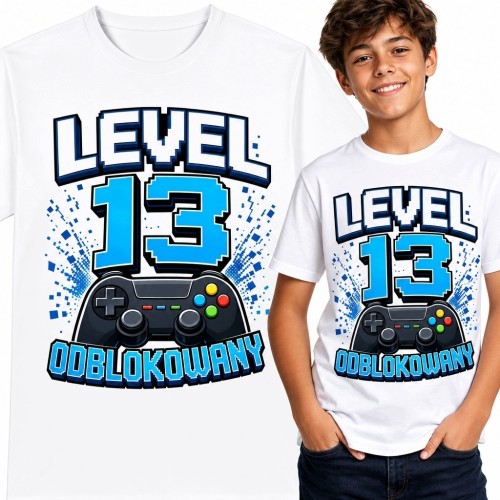 Koszulka chłopięca gamingowa „Level 13 odblokowany” na 13 urodziny - kontroler do gier