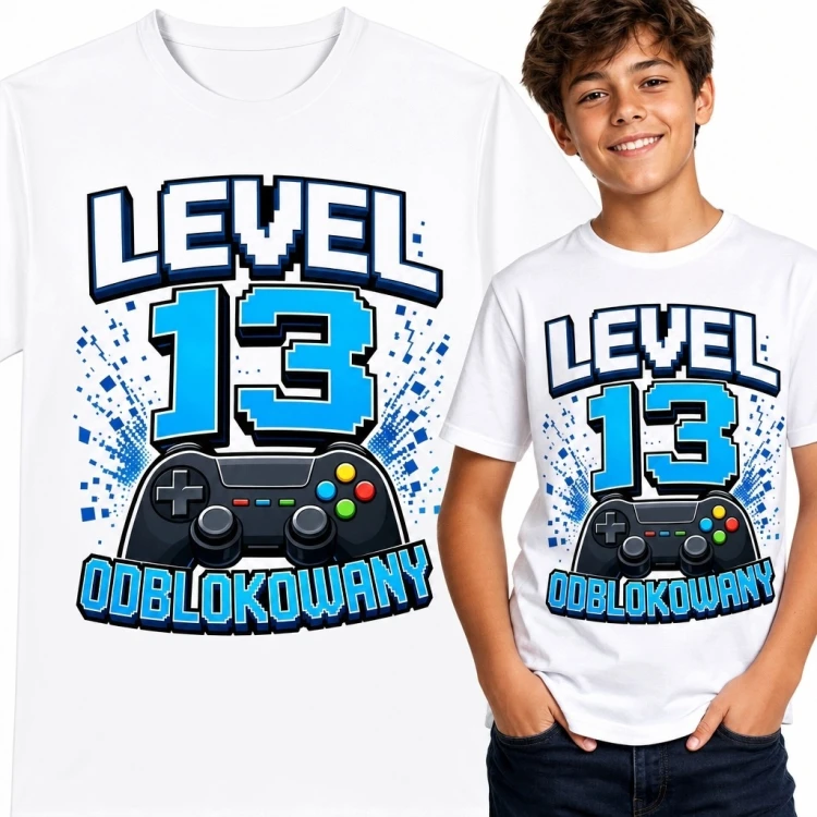 Koszulka chłopięca gamingowa „Level 13 odblokowany” na 13 urodziny - kontroler do gier