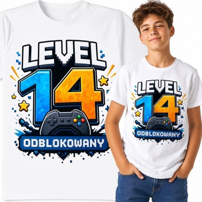Koszulka chłopięca na 14 urodziny - gamingowy wzór „Level 14 Odblokowany”