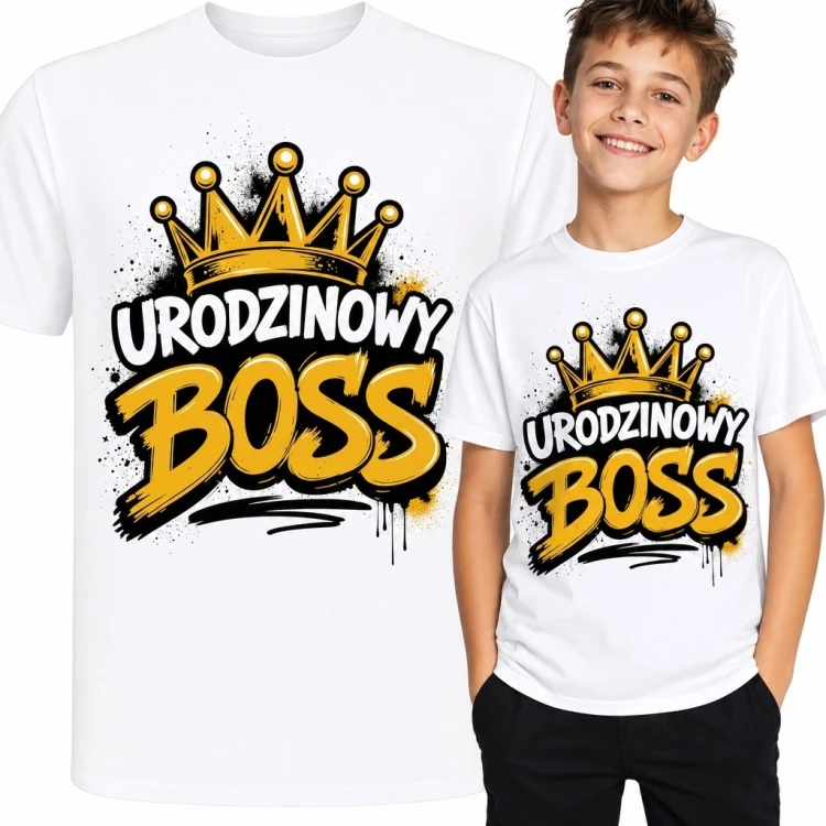 Koszulka chłopięca na urodziny „Urodzinowy Boss” - korona w stylu graffiti