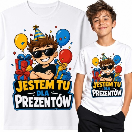 Koszulka chłopięca na urodziny „Jestem tu dla prezentów” - komiksowy solenizant