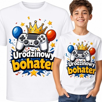 Koszulka chłopięca na urodziny z kontrolerem do gier „Urodzinowy bohater”