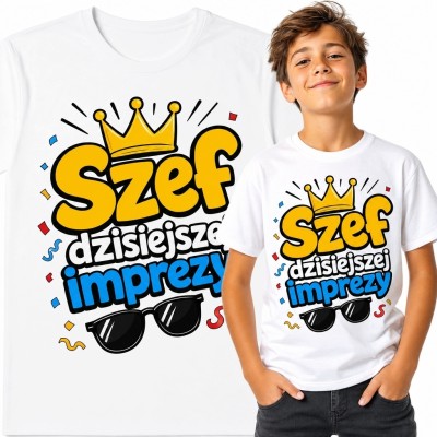 Koszulka chłopięca „Szef dzisiejszej imprezy” - z koroną i okularami
