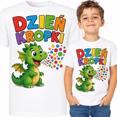 Koszulka chłopięca na Dzień Kropki - zielony smok i napis „Dzień Kropki”