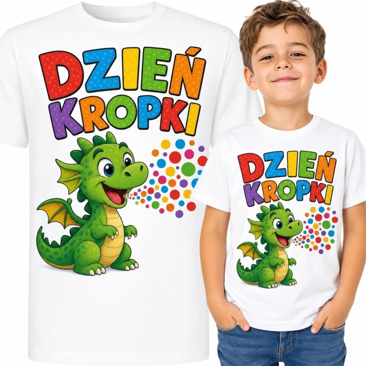 Koszulka chłopięca na Dzień Kropki - zielony smok i napis „Dzień Kropki”
