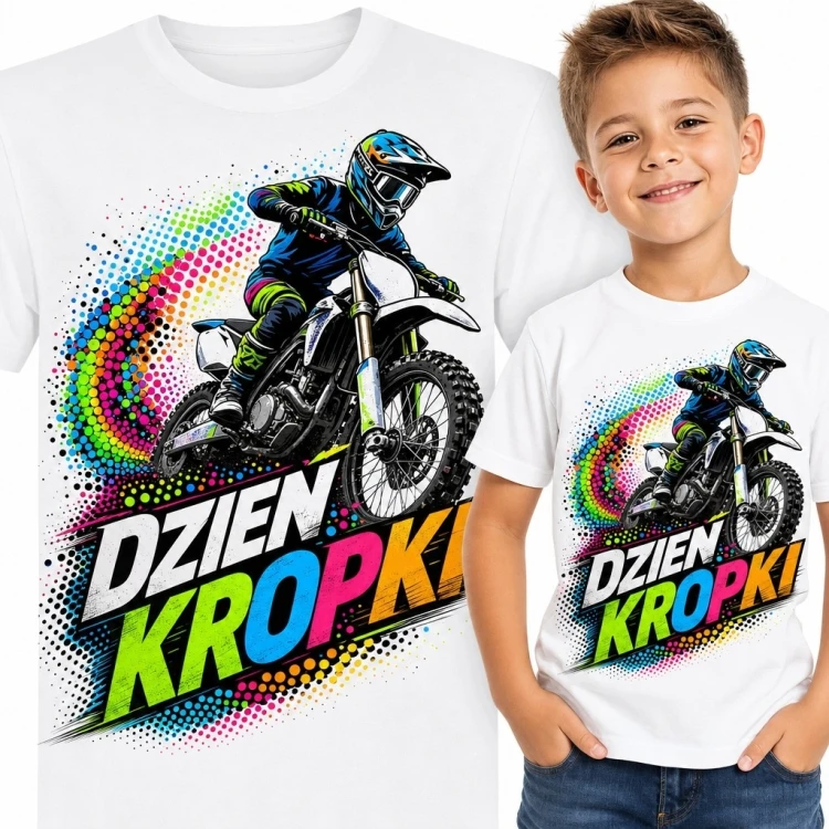 Koszulka chłopięca z motocrossem „Dzień Kropki” - kolorowy nadruk