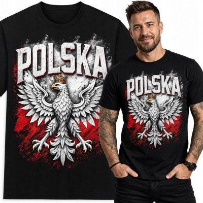 Koszulka męska patriotyczna z orłem i napisem „Polska” - biało-czerwony wzór