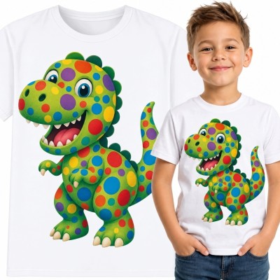 Koszulka chłopięca z kolorowym tyranozaurem - dinozaur w kropki