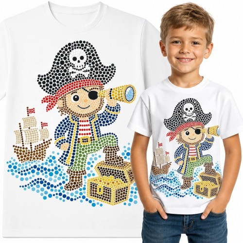 Koszulka chłopięca z piratem, statkiem i skrzynią skarbów - morska przygoda