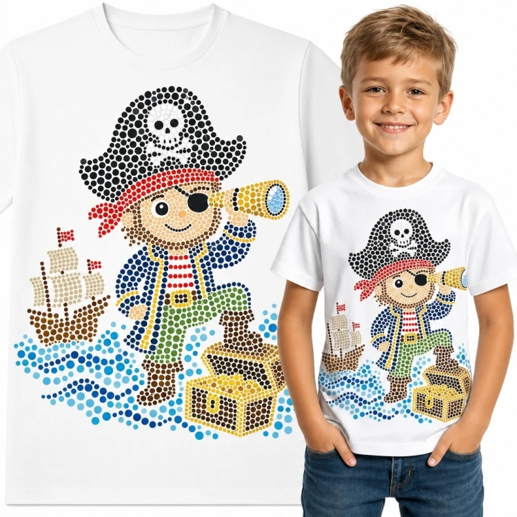 Koszulka chłopięca z piratem, statkiem i skrzynią skarbów - morska przygoda