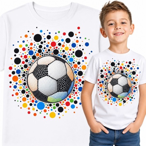 Koszulka chłopięca z kolorową piłką nożną - dynamiczny motyw futbolowy