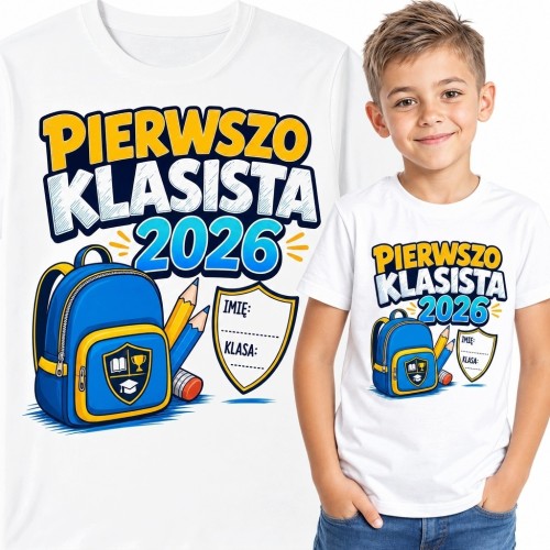 Koszulka chłopięca „Pierwszo klasista 2026” z plecakiem - na rozpoczęcie pierwszej klasy
