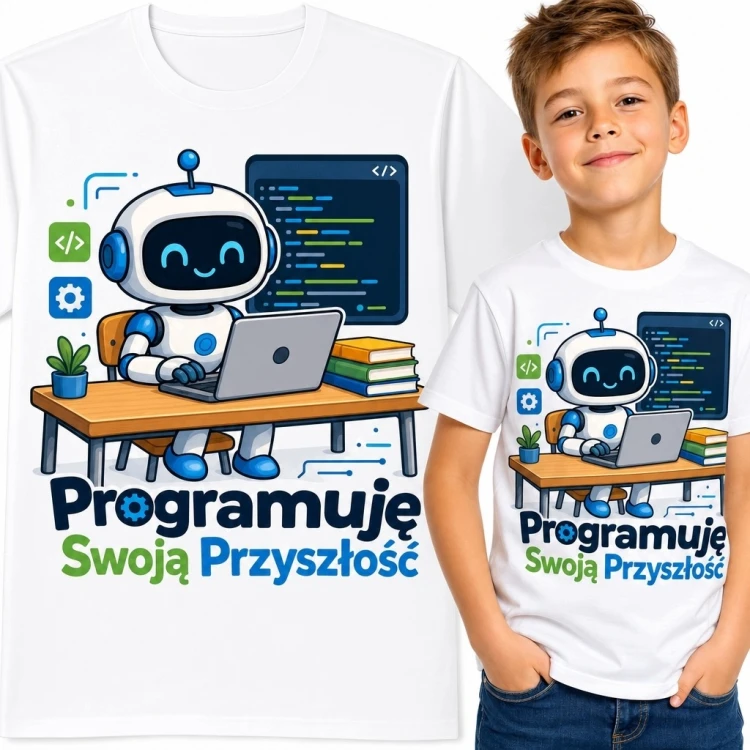 Koszulka chłopięca z robotem programistą „Programuję swoją przyszłość”