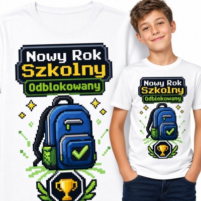 Koszulka chłopięca na rozpoczęcie szkoły „Nowy rok szkolny odblokowany” - pixel art