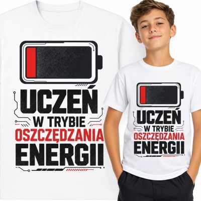 Koszulka chłopięca z baterią „Uczeń w trybie oszczędzania energii” - szkolny humor