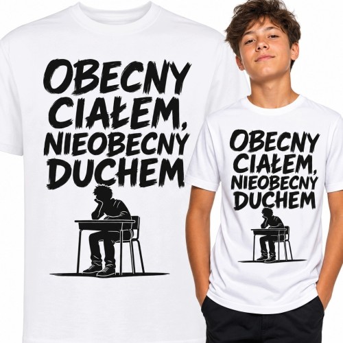 Koszulka chłopięca z nadrukiem ucznia w ławce „Obecny ciałem, nieobecny duchem”