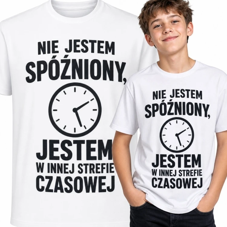 Koszulka chłopięca z zegarem - „Nie jestem spóźniony, jestem w innej strefie czasowej”