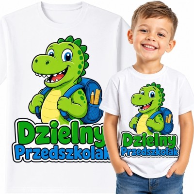 Koszulka chłopięca z dinozaurem „Dzielny Przedszkolak” - do przedszkola