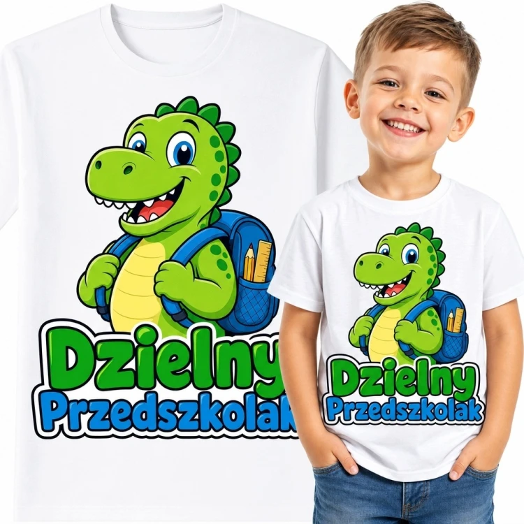 Koszulka chłopięca z dinozaurem „Dzielny Przedszkolak” - do przedszkola