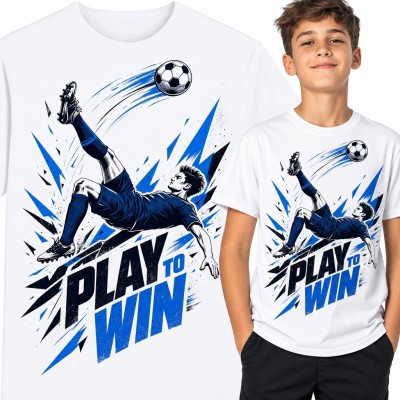 Koszulka chłopięca z piłkarzem wykonującym przewrotkę „Play to Win” - piłka nożna