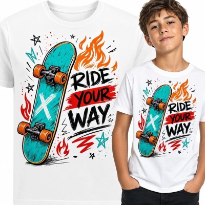 Koszulka chłopięca z deskorolką i napisem „Ride Your Way” - streetwearowy wzór