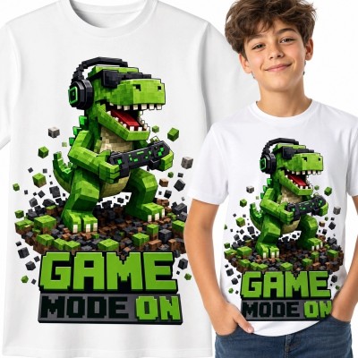 Koszulka chłopięca gamingowa z pikselowym tyranozaurem „Game Mode On”