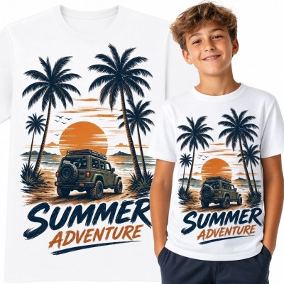 Koszulka chłopięca z terenówką „Summer Adventure” - wakacyjny motyw