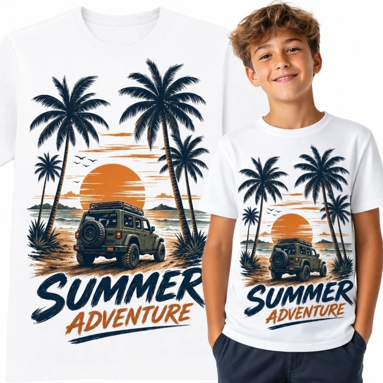 Koszulka chłopięca z terenówką „Summer Adventure” - wakacyjny motyw