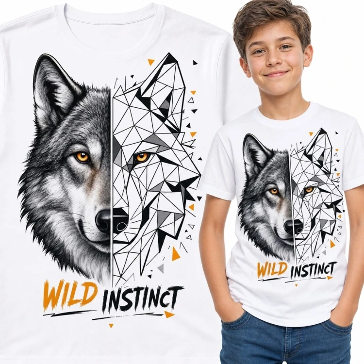 Biała koszulka chłopięca z wilkiem „Wild Instinct” - geometryczny portret