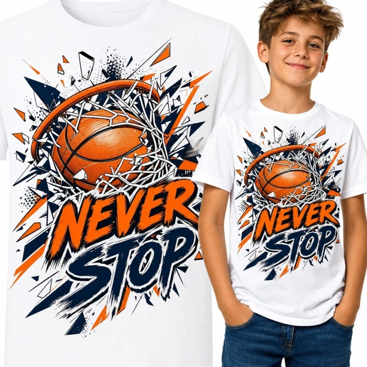 Koszulka chłopięca z motywem koszykówki „Never Stop” - sportowy nadruk