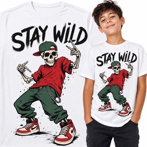 Koszulka chłopięca „Stay Wild” z tańczącym szkieletem - streetwear