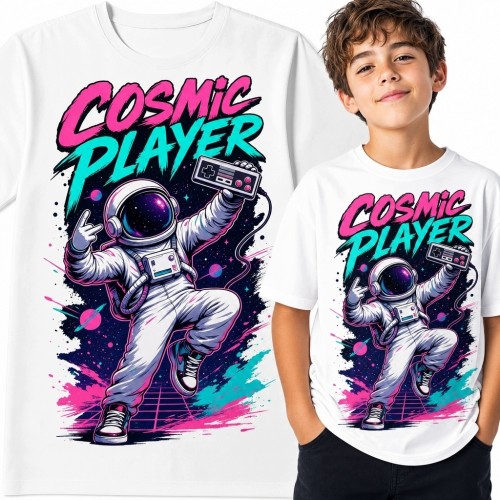 Koszulka chłopięca dla gracza z astronautą „Cosmic Player” - neonowy kosmos