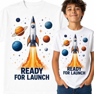 Koszulka chłopięca z rakietą i planetami „Ready for Launch” - kosmiczny nadruk