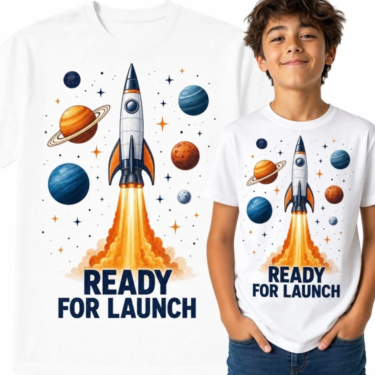 Koszulka chłopięca z rakietą i planetami „Ready for Launch” - kosmiczny nadruk