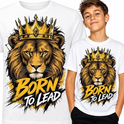 Koszulka chłopięca z lwem w koronie „Born to Lead” - królewski motyw