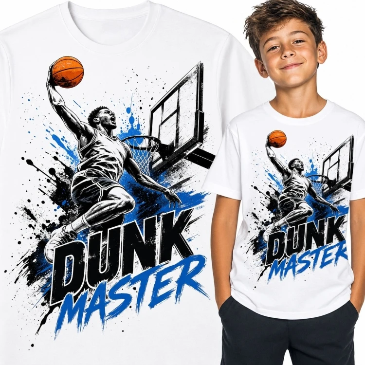 Koszulka chłopięca z koszykarzem „Dunk Master” - dynamiczny wsad do kosza