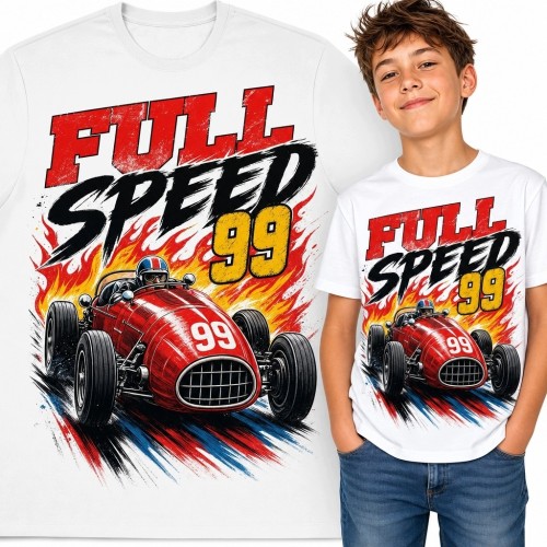 Koszulka chłopięca z bolidem „Full Speed” - wyścigowy numer 99