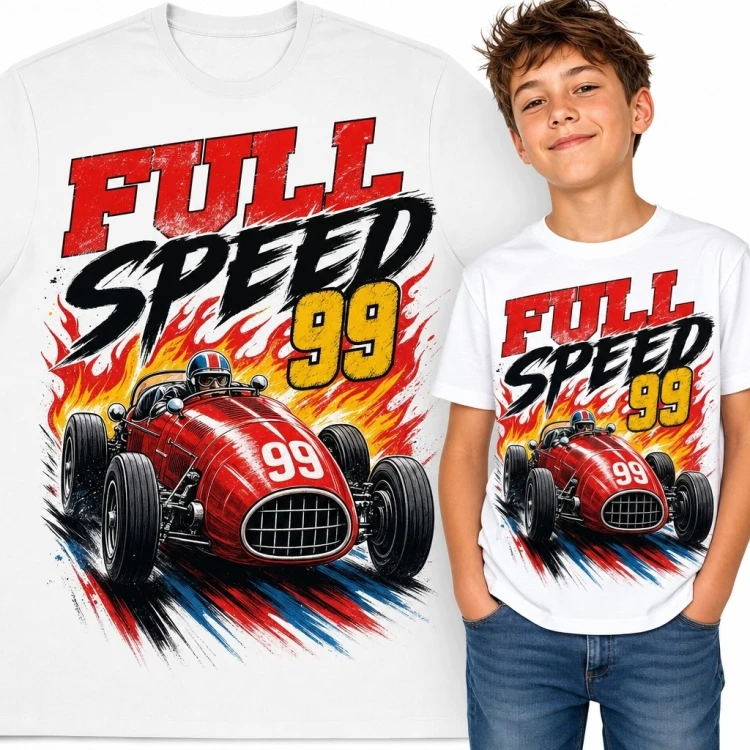Koszulka chłopięca z bolidem „Full Speed” - wyścigowy numer 99