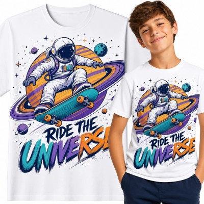 Koszulka chłopięca z astronautą na deskorolce „Ride the Universe” - kosmiczna przygoda