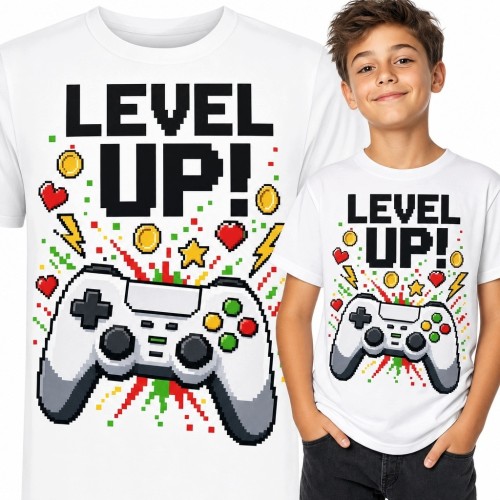Koszulka chłopięca dla gracza - pikselowy kontroler „Level Up!”