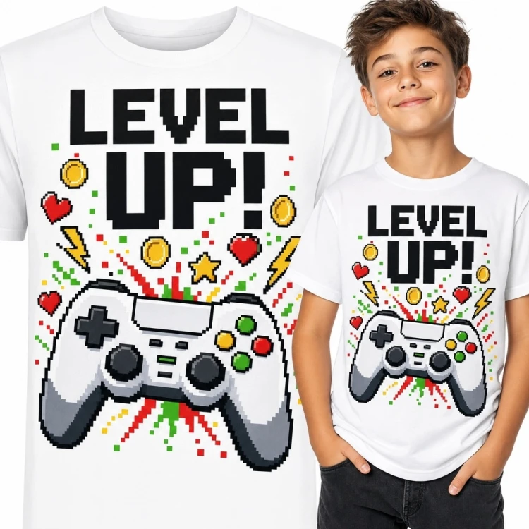 Koszulka chłopięca dla gracza - pikselowy kontroler „Level Up!”