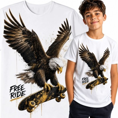 Koszulka chłopięca z bielikiem lądującym na deskorolce „Free Ride” - streetwear