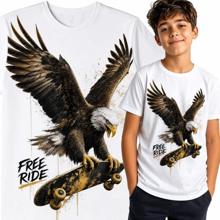Koszulka chłopięca z bielikiem lądującym na deskorolce „Free Ride” - streetwear