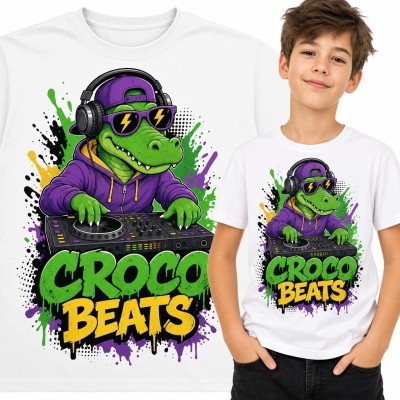 Koszulka chłopięca z krokodylem DJ i napisem „Croco Beats” - street-artowy wzór