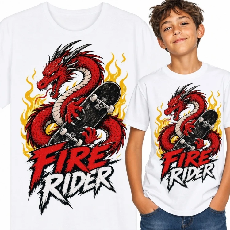 Koszulka chłopięca ze smokiem i deskorolką „Fire Rider”
