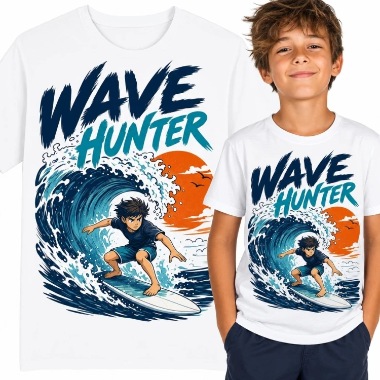 Koszulka chłopięca z surferem „Wave Hunter” - wielka fala i słońce
