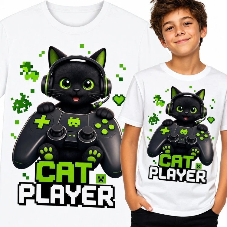 Koszulka chłopięca z kotem graczem „Cat Player” - wzór pixel art