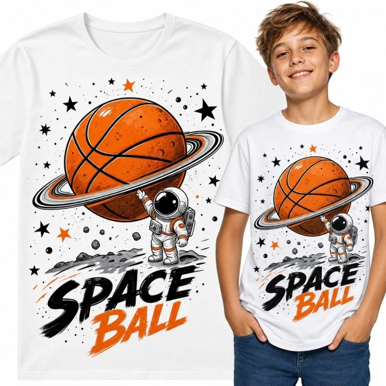 Koszulka chłopięca z astronautą i kosmiczną koszykówką „Space Ball”